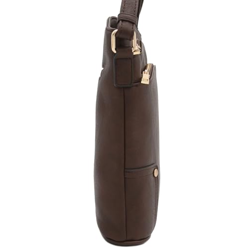ALYSSA Triple Zip Pocket Large Crossbody Bag - color: Coffee