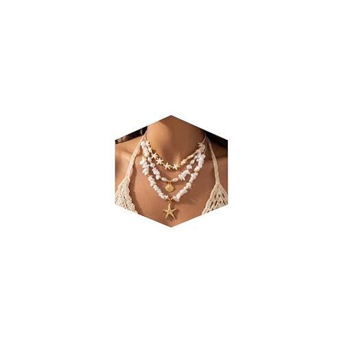 Shell Starfish Necklace for Women, Gold Plated Boho Layered Pendant Necklace with Pearl Conch Charm, Dainty Coastal Summer Beach Vacation Jewelry Gifts - style: Crush Shell&Starfish 3Pcs
