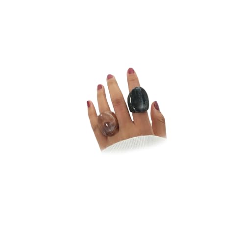 2Pcs Chunky Resin Knuckle Dome Rings Set for Women Dainty Large Y2k Acrylic Finger Nail Ring Pack Big Two Tone Plastic Statement Jewelry Gifts - color: Black