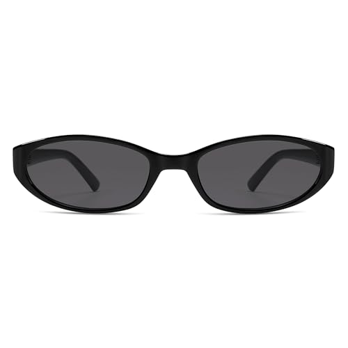 Retro Oval Sunglasses for Women Men Y2k Narrow Cat Eye Sunnies Skinny Shades AR82299 - color: C1 Black/Grey