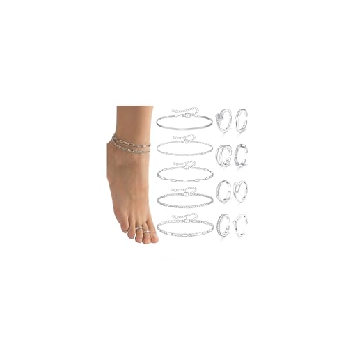 CASDAN 13Pcs Toe Rings and Ankle Bracelets for Women Silver Gold Layered Anklets Chain Adjustable Open Tail Toe Ring Beach Foot Jewelry for Summer - color: Silver,B