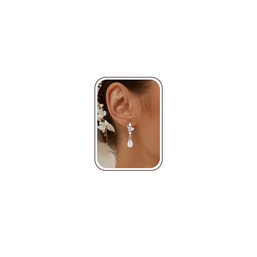 Pearl Earrings for Women, 14k Gold Plated Trendy Diamond Pearl Drop Earrings Hypoallergenic Dainty Bridal Gifts Wedding jewelry for Women - color: B—Silver