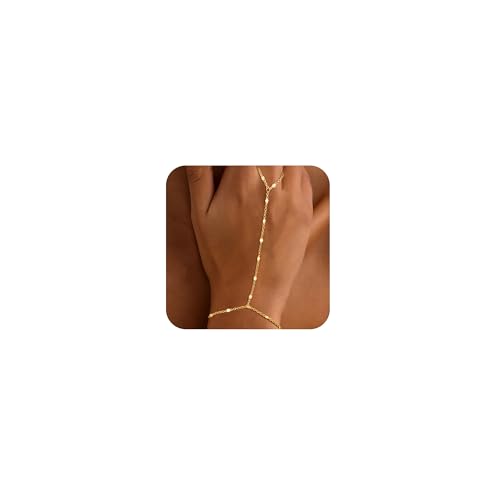 Gold Bracelets for Women Trendy, Dainty Gold Hand Chain Bracelets Stackable 14k Gold Plated Finger Ring Bracelet Hand Chain Cz Flower Layered Link Bracelets for Women Non Tarnish Jewelry Gifts - style: spark hand chain bracelet-gold