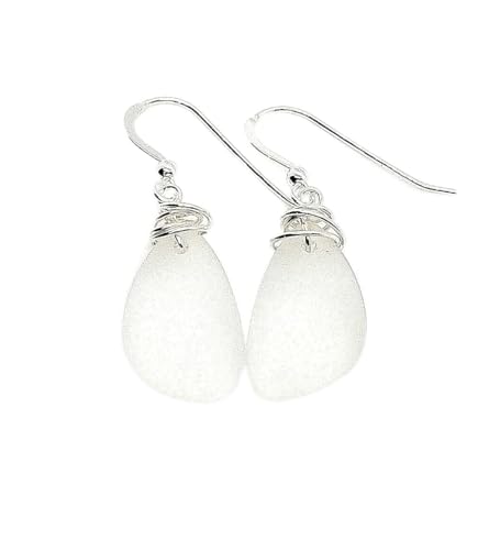 Popular Recycled Sea Glass Earrings on Sterling Silver Hooks - color: White