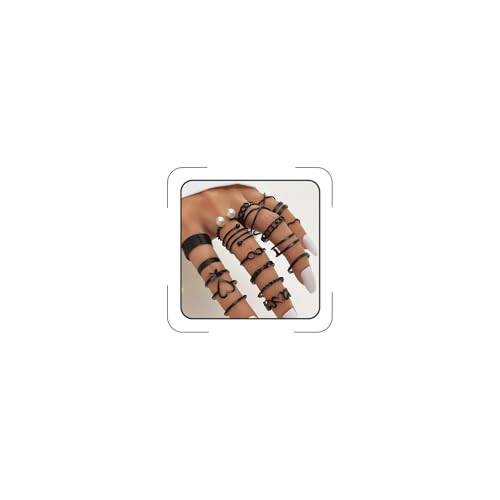 Knuckle Stackable Black Rings for Women Black Stacking Ring Set Vintage Boho Ring Set Butterfly Heart Pearl Rhinestone Stackable Statement Rings for Women - color: 22pcs black