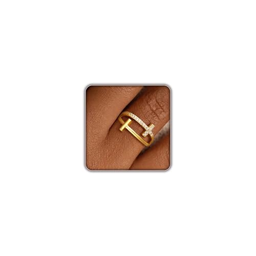 FISSEN JEWELRY Gold Rings for Women, Non Tarnish Dainty 14k Gold Plated Silver CZ Cross Ring Cute Cubic Zirconia Pinky Thumb Stackable Band Silver Finger Rings Size 6-10 Jewelry for Her - color: Gold Diamond Cross