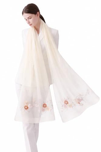 Jeelow Silk Blend Floral Fashion Scarf Shawl Wrap Lightweight Sheer For Women Floral Embroidery Wedding Party Prom - color: Petal Ivory Cream