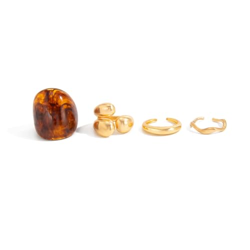 Chunky Adjustable Open Ring for Women Vintage Resin Geometric Ring Boho Statement Ring Set CZ Fashion Classic Jewelry Accessories - color: Gold1