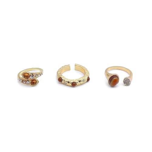 3Pcs Tiger Eye Stone Rings Set,Vintage Tiger Eye Stone Knuckle Rings,Sparkling Rhinestone Adjustable Rings Brown Jewelry