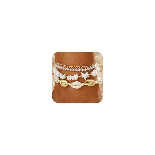 Qceasiy Shell Ankle Bracelet Set for Women, Gold Plated Boho Bead Adjustable Anklet, Hawaiian Beach Seashell Pearl Heart Starfish Conch Foot Jewelry Gifts - color: Stone Shell 4Pcs