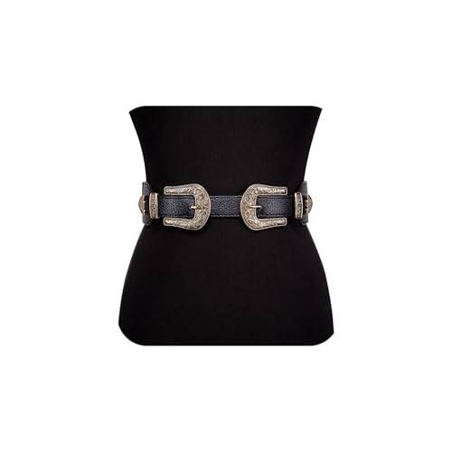 Dubulle Womens Belt Chain Leather Belts Vintage Western Adjustable Elastic Double Buckle for Cowboy Pant Dress - color: Rose Gold Black