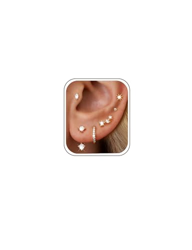 6 Pairs 14K Gold Plated Stud Earrings for Women, Hypoallergenic Cartilage Earrings for Multiple Piercing, Dainty Small Stackable Earrings Set for Jewelry Gift - color: Gold A