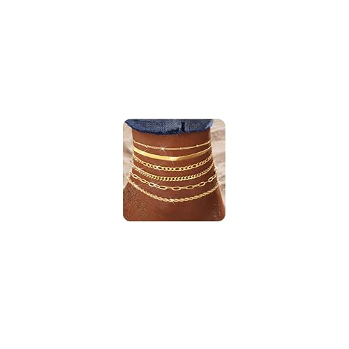 Besteel Ankle Bracelets for Women Waterproof - 14K Gold Plated Non Tarnish Layered Cuban Link Chain Rope Figaro Herringbone Anklets Set Plus Size Anklet Summer Foot Jewelry Gift Adjustable 8-12 Inch - style: 6 Pcs Gold Cuban-8.5+2.5 Inch