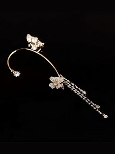 2Pcs Rhinestone Butterfly Earrings Ear Cuffs Non-Pierced Fake Earrings Butterfly Climber Wrap Around Earring Dainty Adjustable Ear Clip Jewelry for Women - color: Style1-gold