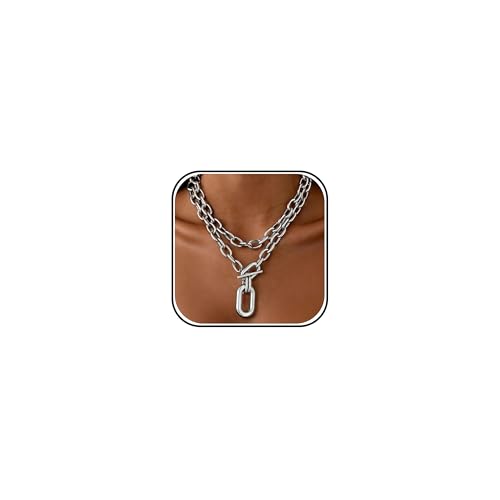 Long tiantian Chunky Gold Necklace Stack Chain Necklaces for Women Statement Layered Paperclip Choker Necklaces Statement Necklace for 80s 90s & Night Out Outfits Paperclip Style Fashion Jewelry - color: A1:Style A-Silver