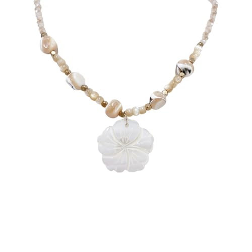 NewZenro Boho Shell Flower Beaded Pendant Necklace for Women Dainty Floral Natural Stone Choker Necklaces Adjustable Chain Fashion Summer Holiday Patry Jewelry for Her