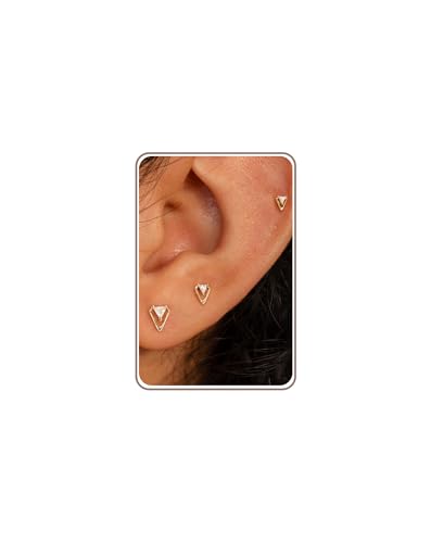 3 Pair Tiny Flat Back Earrings for Women - 14K Gold/White Gold Plated Dainty Cute Small Screw Flatback Stud Earring, Everyday Wear Gift - color: cz triangle gold