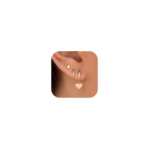3 Pairs Small Earring Stacks, 14K Gold/Silver/Black/Rose Gold Plated Pearl Heart Butterfly Star Diamond Charm Drop Huggie Earrings Trendy Jewelry Gift for Women - color: Gold-Heart
