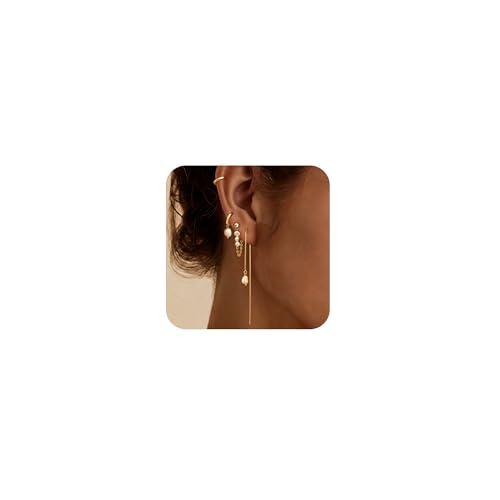 Pearl Earrings for Women, Gold Plated Huggie Hoop Drop Earrings | Hypoallergenic pearl hoop earrings designed for multiple piercings, cartilage styling and everyday wear - style: 4 pearl chain earring set