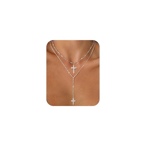 DALI Long Gold Necklaces for Women, Dainty Layered Sterling Silver Plated Y Shaped Necklace Stack Non Tarnish Cross CZ Pendant Long Chain Choker Adjustable Necklaces Jewelry for Vacation Christmas - color: Silver Cross Long Necklace