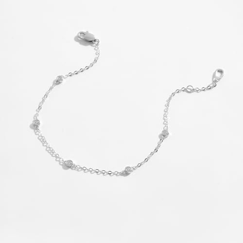 Cubic Zirconia Station Bracelet for Women, 14K Gold Plated or 925 Sterling Silver, Dainty Adjustable Chain, Stackable Minimalist Jewelry - color: White Gold