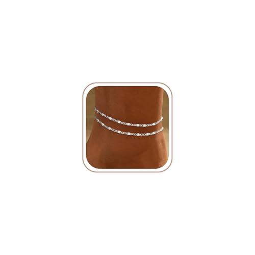 Ankle Bracelets for Women - 14K Gold Plated Waterproof Cuban Water Wave Chain Beads Rhinestone Anklets Set Layered Anklet Bracelets for Women Gold Jewelry Gift - color: Silver - Cable Chain