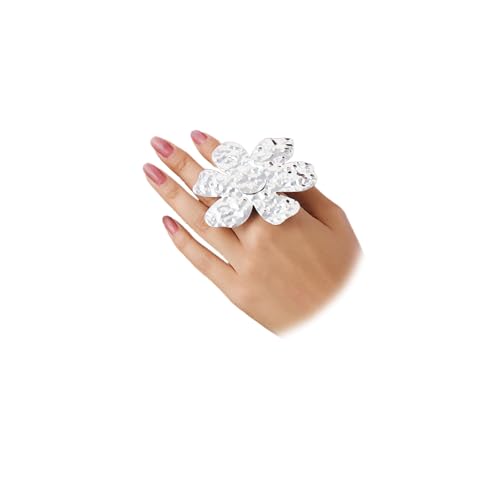 Gold Large Hammered Flower Knuckle Rings for Women, Statement Boho Silver Exaggerated Big Floral Finger Ring Non Tarnish Trendy Prom Party Jewelry