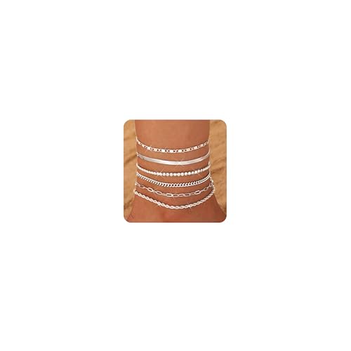 Besteel Ankle Bracelets for Women Waterproof - 14K Gold Plated Non Tarnish Layered Cuban Link Chain Rope Figaro Herringbone Anklets Set Plus Size Anklet Summer Foot Jewelry Gift Adjustable 8-12 Inch - style: 6 Pcs Silver Tennis-8.5+2.5 Inch
