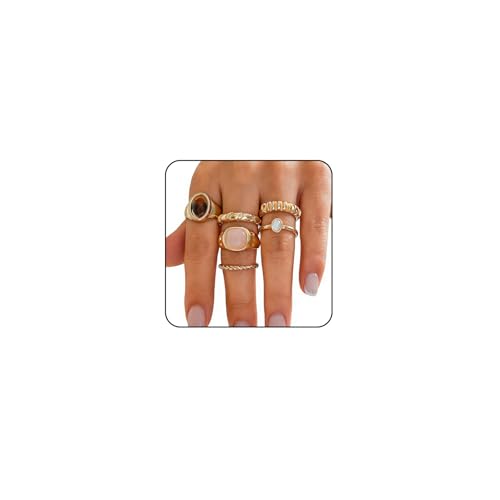 Chunky Gold Rings for Women Non Tarnish Silver Chunky Rings Set Adjustable Thick Statement Ring Gold Stackable Ring for Women Trendy Fashion Silver Jewelry - style: Style8-Gemstone Gold 6Pcs