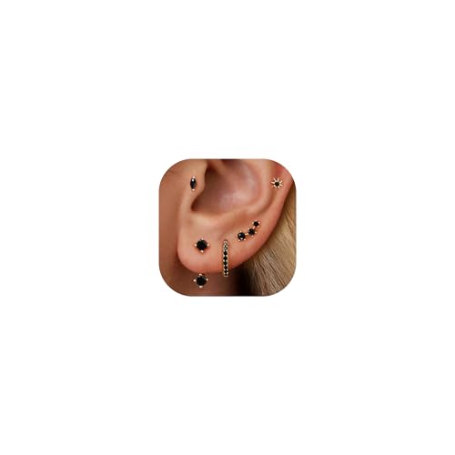 6 Pairs 14K Gold Plated Stud Earrings for Women, Hypoallergenic Cartilage Earrings for Multiple Piercing, Dainty Small Stackable Earrings Set for Jewelry Gift - color: Black-CZ-6 Pairs