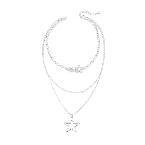 Gold Necklace Stack, Gold Plated and Silver Chunky Layered Necklaces for Women Exquisite Vintage Stackable Coins Medal Star Diamond Pearl Pendant Women's Jewelry (Gold/Silver) - color: Silver