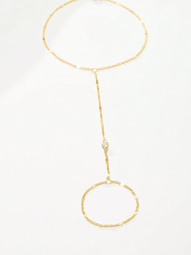 Gold Bracelets for Women Trendy, Dainty Gold Hand Chain Bracelets Stackable 14k Gold Plated Finger Ring Bracelet Hand Chain Cz Flower Layered Link Bracelets for Women Non Tarnish Jewelry Gifts - style: spark cz hand chain bracelet-gold