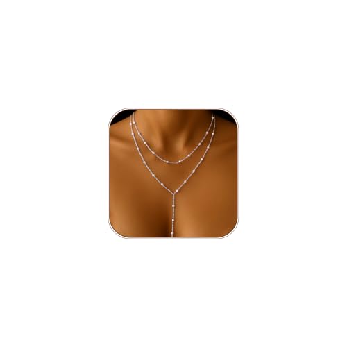 HAXIYA Lariat Gold Necklace for Women Dainty Long Necklace 14K Gold Plated/Silver Y-Shaped Pendant Drop Chain Layered Pearl/Beaded/CZ Necklaces Gold Jewelry Gift for Prom/Wedding - style: Pearl - Silver
