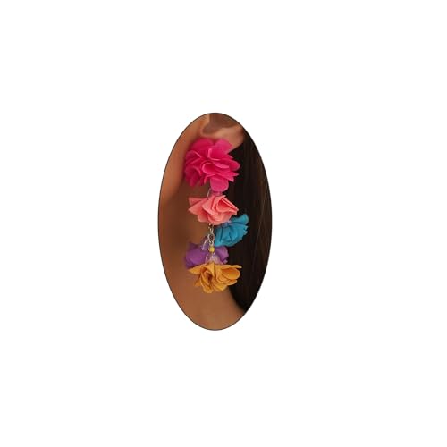 Colorful Flower Fringe Statement Earrings for Women Bohemia Vintage Big Fabric Floral Dangle Earrings Exaggerated Flower Earrings Ethnic Style Jewelry