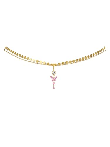 Pink Heart Belly Button Ring with Waist Chain for Women, Gold Triple Cubic Zirconia Dangle Navel Piercing, Adjustable Body Jewelry for Summer Beach Bikini - color: Chain-Style A