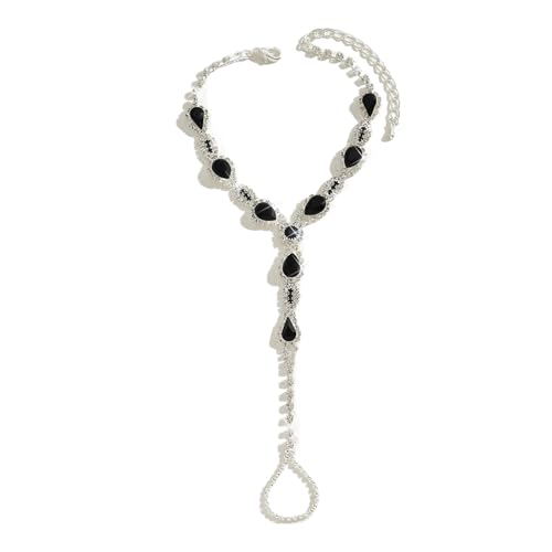 1Pair Rhinestone Tassel Anklet Barefoot Sandals Foot Chain with Toe Ring Summer Beach Crystal Hand Chain Wedding Bridal Sparkling Foot Jewelry for Women Prom - color: Black