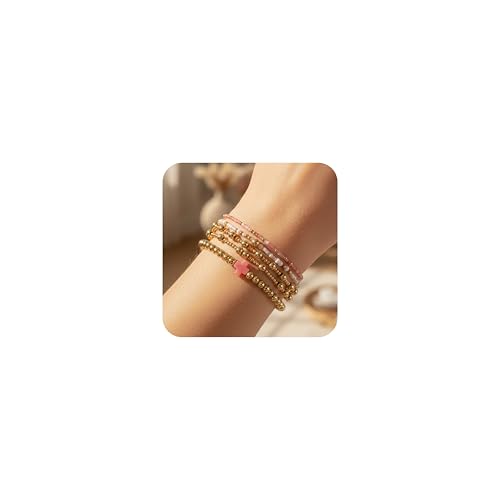 14K Gold Plated Beaded Bracelets Stack Set for Women,Stretch Boho Colorful Beads Ball Jewelry Friendship Summer Trendy - color: Pink cross
