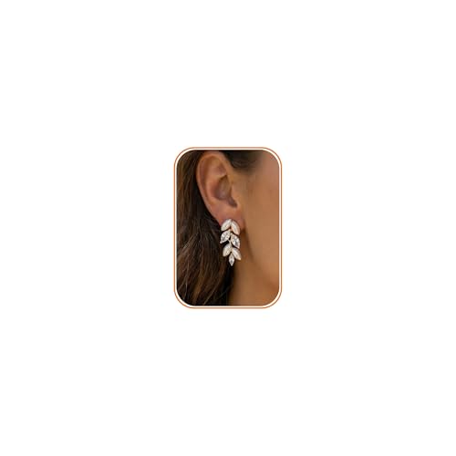 Pearl Earrings - 14K Gold/White Gold/Rose Gold Plated Cubic Zirconia CZ Diaomond Accented Pearl Drop Dangle Earrings for Women Wedding Bridal Prom - color: Gold leaf design