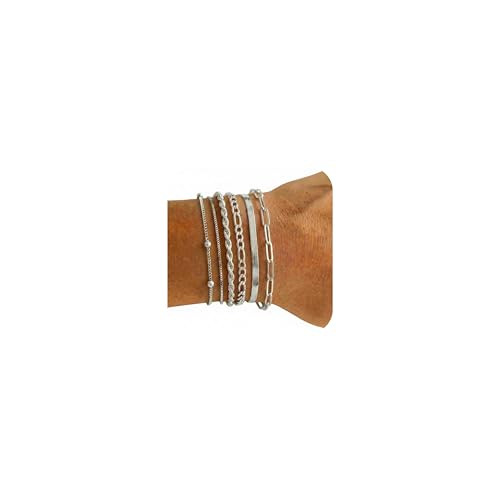 Dainty Gold Bracelets for Women, 14K Gold Plated Stackable Bracelet Set, Adjustable Beaded Cuban Paperclip Herringbone Figaro Snake Rope Chain Jewelry - style: Set6 Silver 6Pcs