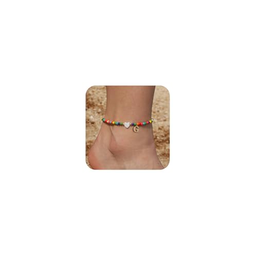 Honsny Ankle Bracelets for Women Initial Anklets Waterproof Boho Beaded Dainty Ankle Bracelets for Teen Letter Heart Handmade Adjustable Foot Chain Anklet Summer Vacation Colorful Jewelry Gift - style: G