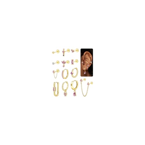 Sanfenly Stud Earrings Small Gold Hoop Earrings Set for Women Flat Back Earring Hypoallergenic Cartilage Earring Lightweight Dainty 14K Gold Stud Earrings for Multiple Piercing Set (Single 13 PCS) - color: Pink Single Earrings
