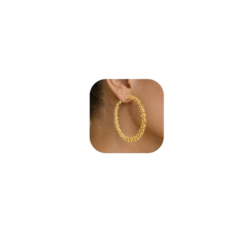 Symvikio Large Clip On Hoop Earrings for Women,14K Gold Big Circle Clip Hoops Chunky Earring Clips for Non Pierced Ears Lightweight Jewelry Gifts 50mm - color: Gold