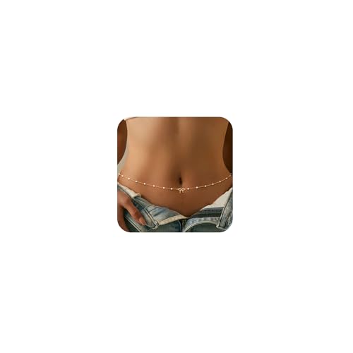 CHESKY Waist Beads for Women, Dainty 14k Gold Plated Waist Chain Beach Accessories Cute Belly Chain Body Chain Gold Chain Belts for Women Summer Beach Jewelry for Womens Gifts Rave Outfits for Womens - style: Pearl Bow