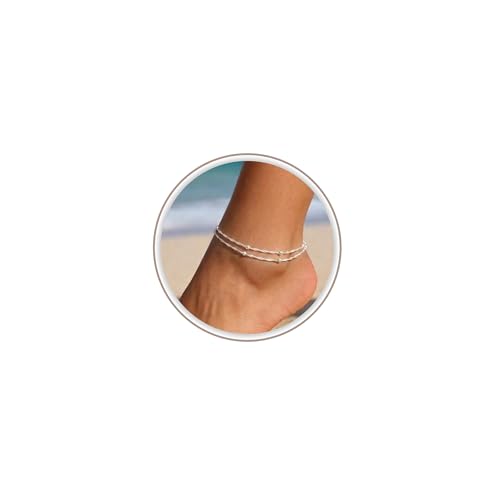 Freekiss Sterling Silver Ankle Bracelets for Women: Dainty Layered Waterproof Anklet for Women Adjustable Womens Anklet Set Stackable Figaro Beaded Cuban Link Anklets Beach Jewelry for Women - color: Single Lobster Layered Bead-SL
