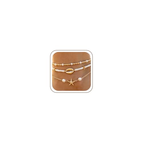 Starfish Seashell Ankle for Women ，14K Gold Bead Handmade Adjustable Plated Boho Shell Anklet ， Foot Chain Jewelry for Summer Beach Vacation - color: Starfish 3Pcs