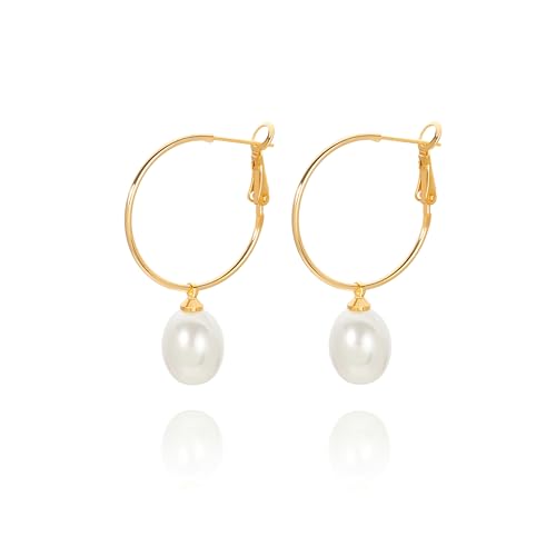 Gold Plated Huggie Hoop Earrings with Charms Fashion Pearl Drop Dangle Earrings for Women Handmade Karma Circle Jewelry for Ladies Lightweight Pearl Earrings on Christmas - color: shell pearl
