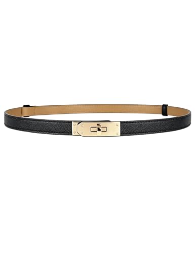 BEMYLV Skinny Belts for Women Dresses Turn-Lock Gold Buckle Adjustable Fashion Waist Belt for Pants Jeans Business Casual - color: Black