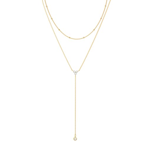 Foxgirl Lariat Gold Necklace for Women, Dainty Long Necklace 14k Gold Plated/Silver Y-Shaped Pendant Necklace Trendy Layered Cz Beaded Chain Drop Necklaces Simple Gold Jewelry For Women Gift - color: Y Layered CZ Necklace-GD