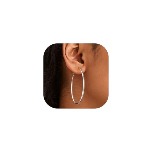 FOCALOOK 14K Gold Plated Lightweight Large Hoops| 2mm Thin Hoop Earrings for Women 30/40/50/70/100mm - color: 01.Silver, size: 50mm