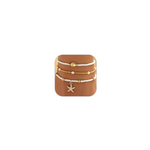 INENIMARTJ Shell Anklet Bracelet for Women Gold and White Beaded Elastic Stack Ankle Bracelet Hawaiian Beach Seashell Starfish Anklet Puka Shell Starfish Foot Jewelry for Women Beach Accessories - style: style A